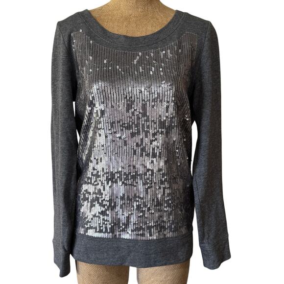 J. Crew Gray Sequin Women's Size Medium EUC Crew Neck Sweatshirt Holiday Sparkle - Picture 2 of 11